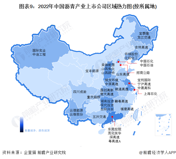 图表9：2022年中国沥青产业上市公司区域热力图(按所属地)